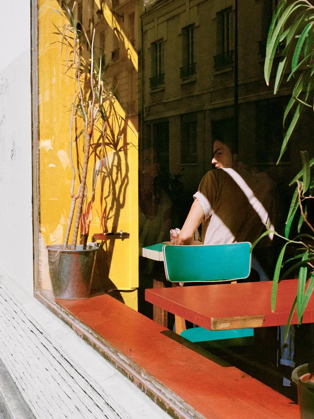A person sits at a table inside a bright cafe, seen through a window with reflections of buildings. Sunlight, indoor plants, and colorful walls are visible, creating a vibrant and layered scene.